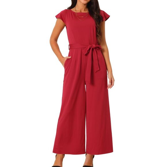Crew Neck Ruffle Cap Sleeve Belted High Waist Jumpsuits with Pockets Wine Red - Picture 1 of 6